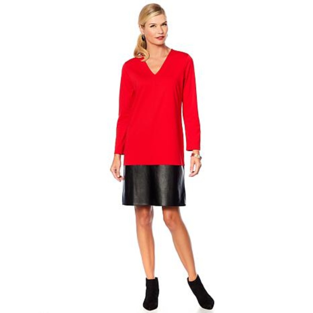 Red Natori Midi Dress w/ Faux Leather Trim, XS